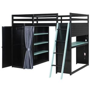 English Elm Full Size Wood Loft Bed with Wardrobe Desk Shelves Rgb Lighting and Blackout Curtains Black+Blue LT000269AAC-1