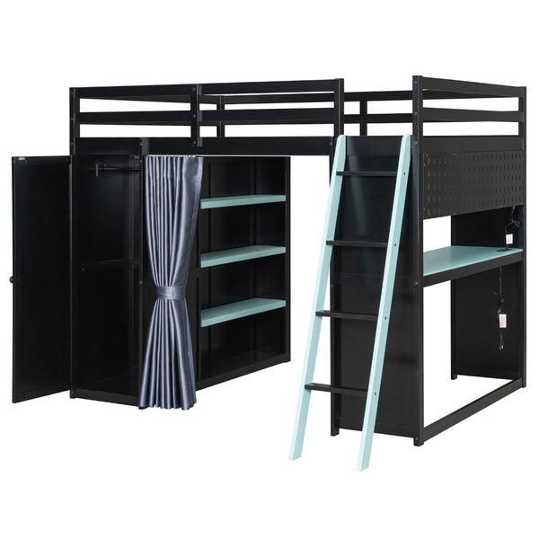 English Elm Full Size Wood Loft Bed with Wardrobe Desk Shelves Rgb Lighting and Blackout Curtains Black+Blue LT000269AAC-1