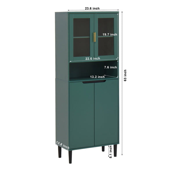 English Elm Tempered Glass Door Tall Storage Bookcase with 4 Doors, Adjustable Shelves, Elegant Space-Saving Cabinet Green W409P171439