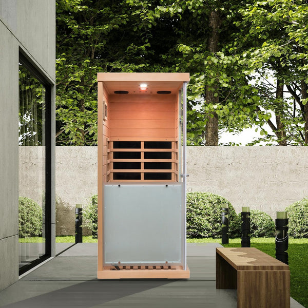 English Elm Large Hemlock Wood Infrared Sauna with Glass Front Bluetooth Audio and Red Light Therapy W2611P204516