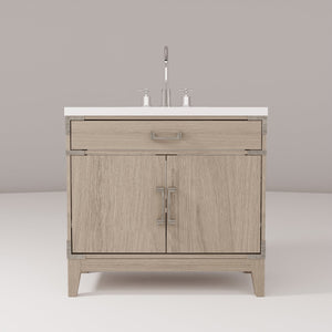 English Elm Grey Oak Single Bath Vanity With White Quartz Top, Chrome Faucet & Soft-Close Doors - Modern Style B2731P259799