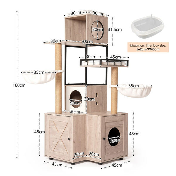 English Elm 63" Rustic Gray Cat Tower with Hidden Litter Enclosure Sisal Posts and Washable Perch W1687P304383