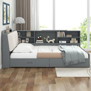 English Elm Wood Full Size platform bed with storage headboard, built-in shelves and drawers, sturdy pine frame, compact solution for small rooms Gray GX002054AAE