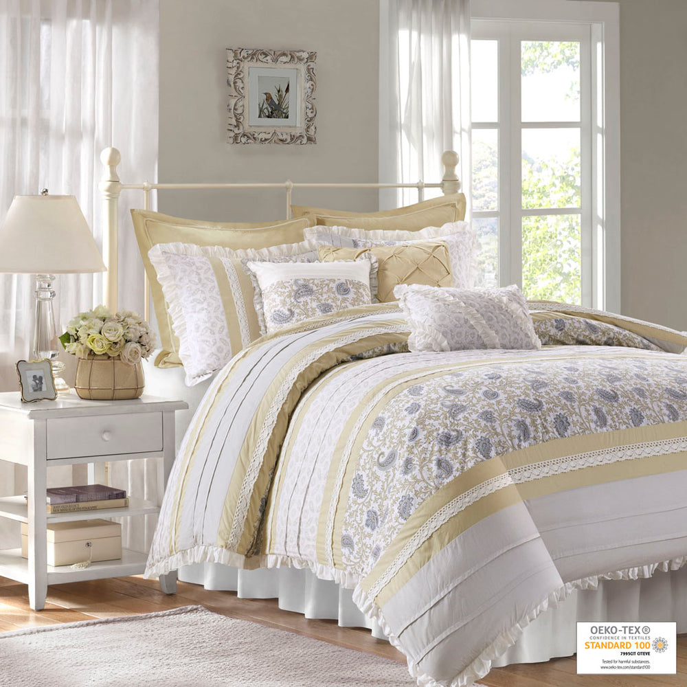 JLA Home Madison Park - 9 Cotton Percale Comforter Set - Madison Park Dawn 9-Piece Paisley Cottage Ensemble with Lace Taping and OEKO-TEX Certified Breathable Cotton (Queen) Yellow MP10-7278