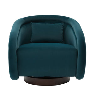 English Elm Swivel Barrel Chair Pumpkin Sculptural Velvet Upholstered with Walnut Wood Round Base Teal W3244P427742