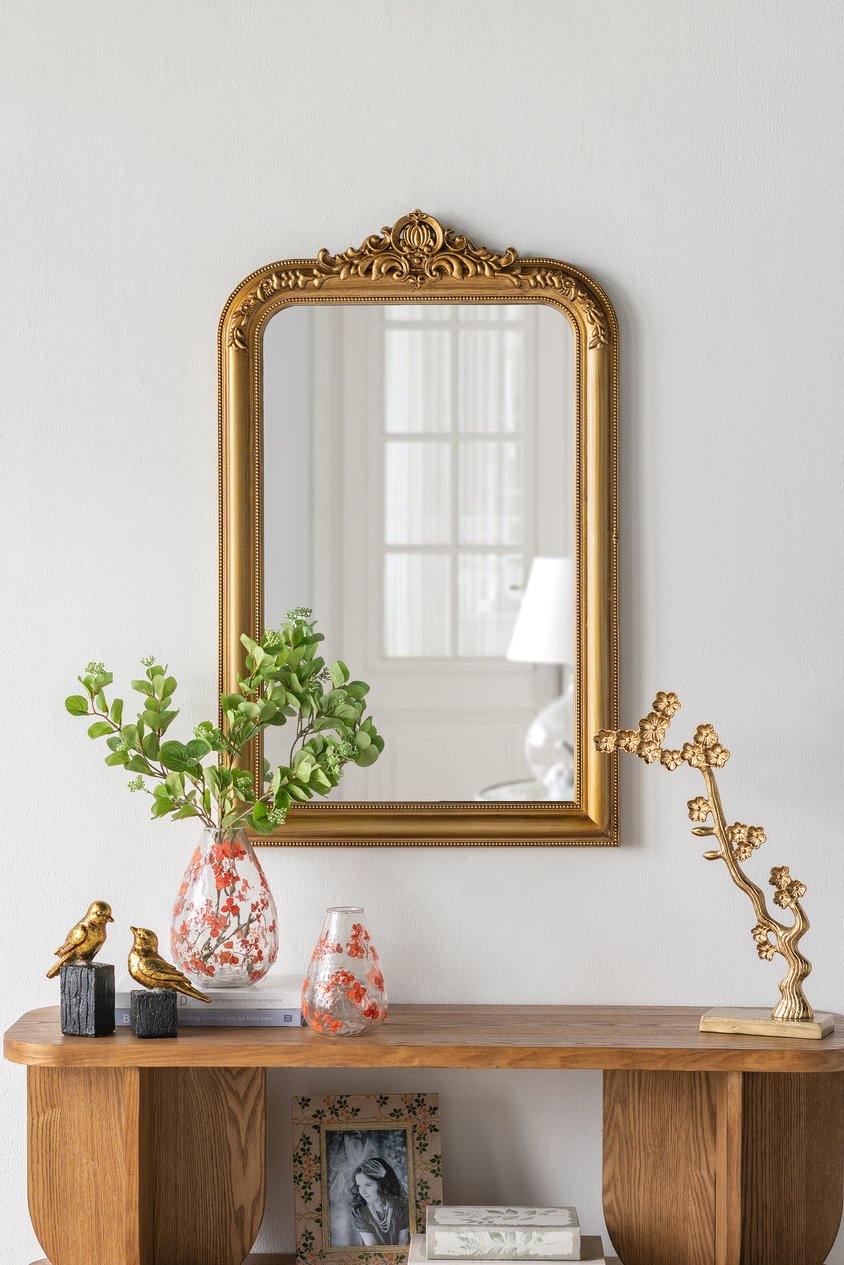 English Elm 23.5x37.5" Rococo Arched Wall Mirror in Gleaming Gold Finish with Ornate Crest for Luxe Décor W2078P372549