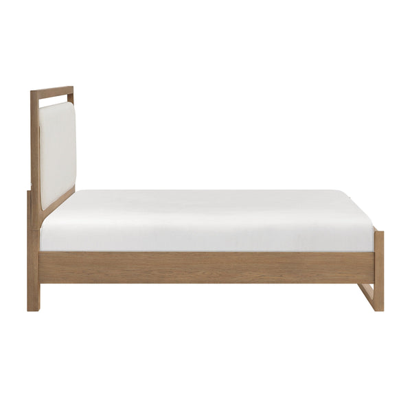English Elm 1pc Modern Upholstered Queen Bed with Hickory Veneer, Touch LED Headboard, Plush Contemporary Design Light Brown 67.5 L x 39.5 W x 5.5 H B011S01821