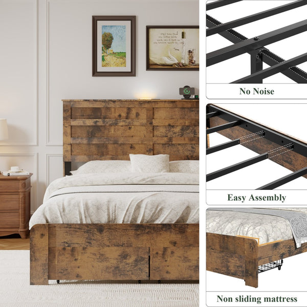English Elm Queen-size Storage Bed Weathered Wood Platform Frame with Usb Charging Headboard W636P430769