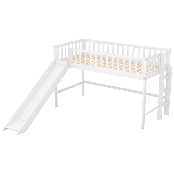 English Elm Twin Low Loft Bed with Slide and Ladder — Space-Saving Pine & MDF Frame, Quiet Durable Design White WF286078AAK