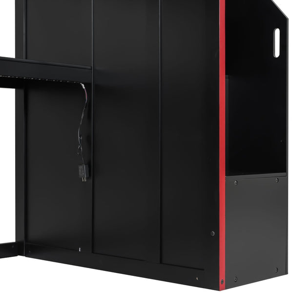English Elm Gaming Twin Loft Bed with Led Desk Storage Locker and Bold Black Red Finish N709P004102J