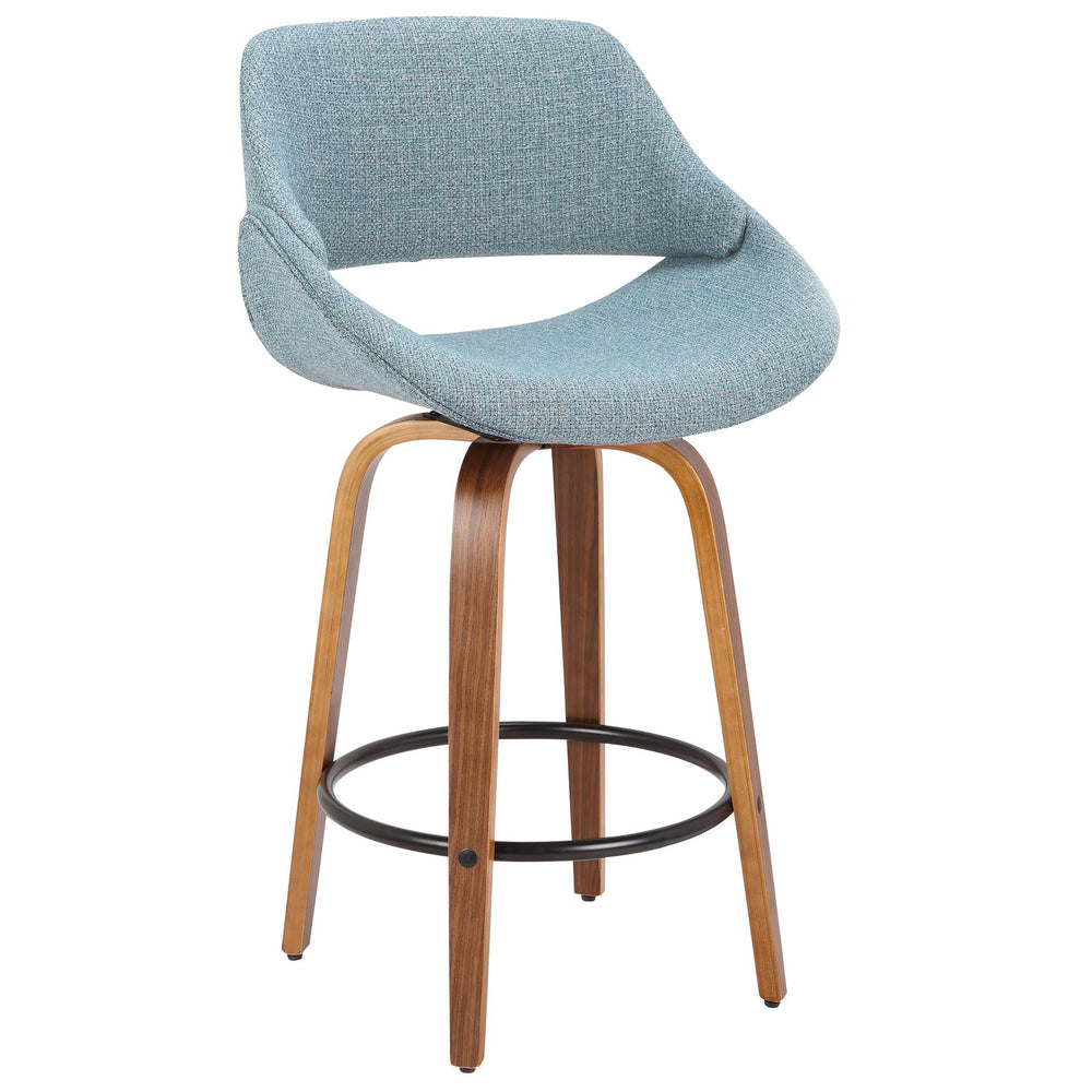 English Elm Fabrico Mid-Century Counter Stool Pair in Walnut with Blue Noise Fabric, Swivel Seat, Padded Comfort B202S01087