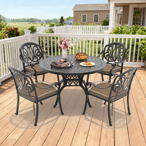 English Elm 5-piece Cast Aluminum Outdoor Dining Set with Carved Floral Patio Chairs and Table W1710S00556