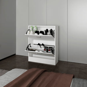 English Elm White Slim Shoe Cabinet with 2 Tilt-Out Doors — Space-Saving White Storage Rack for Narrow Entryways and Modern Décor B062P380071