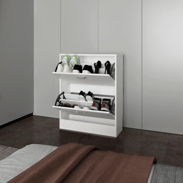 English Elm White Slim Shoe Cabinet with 2 Tilt-Out Doors — Space-Saving White Storage Rack for Narrow Entryways and Modern Décor B062P380071
