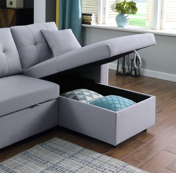 English Elm Dino Linen Tufted Sleeper Sectional with Reversible Chaise Storage and Two Ottomans Light Gray B2749S00202