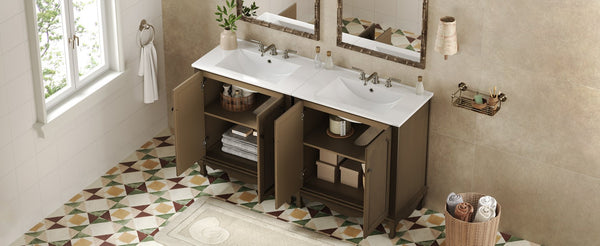 English Elm Christopher Knight Home® - 60" Retro Double Sink Bathroom Vanity Set with Soft-Close Doors, Adjustable Shelves, Rubberwood Legs Antique brown N817P245317L
