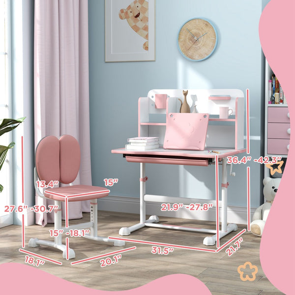 English Elm Qaba Kids Desk And Chair Set - Ergonomic Adjustable Study Desk With Tilt Top, Storage & Comfort In Pink W2225P229581-GIGA