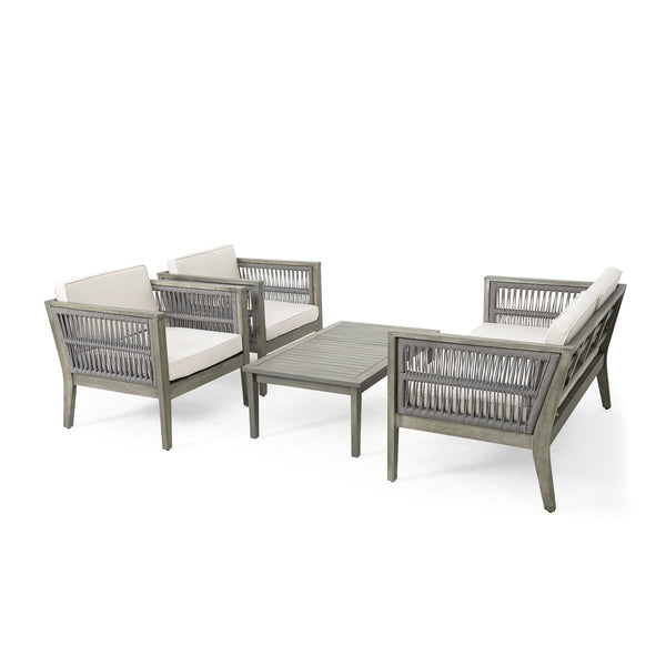 English Elm Christopher Knight Home® - 4-Pieces Acacia Wood Patio Furniture Set with Grey Rope & Beige Cushions, Weatherproof Deep Seating Set N780P171148F