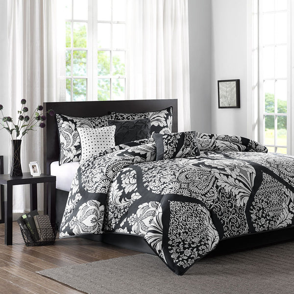JLA Home Madison Park - 7 Piece Cotton Printed Comforter Set – Damask Sateen Luxury, OEKO-TEX Certified, Includes Pillows & Bedskirt (Breathable, Machine Washable) MP10-7955