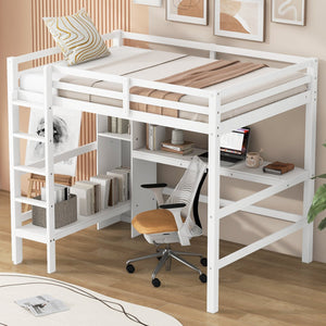 English Elm Full Size Loft Bed With Under-Bed Desk & Multifunction Shelves - Space-Saving White Design For Teens N7090005004K