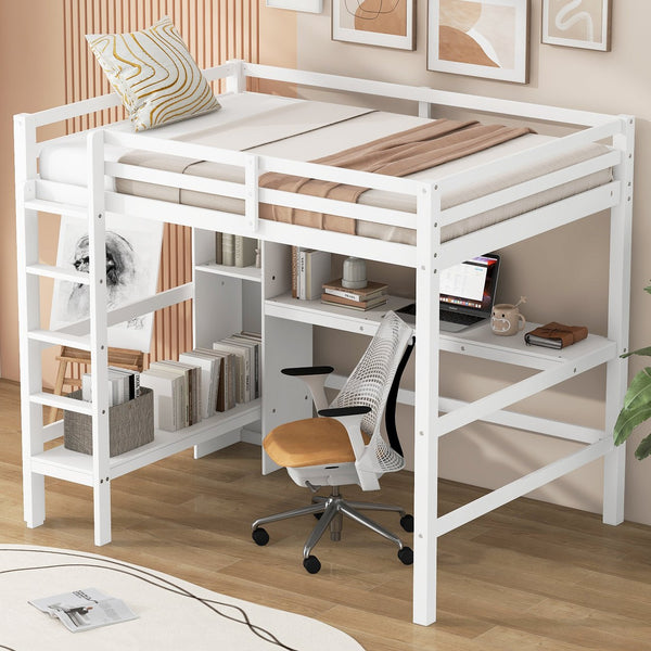 English Elm Full Size Loft Bed With Under-Bed Desk & Multifunction Shelves - Space-Saving White Design For Teens N7090005004K
