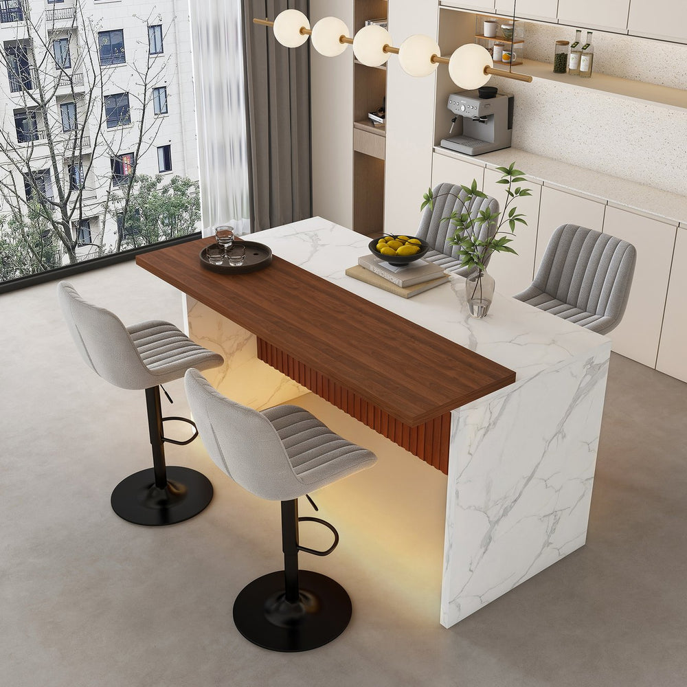English Elm 63" Modern Kitchen Island Set With 4 Gray Bar Stools - Stylish Marble Finish, Led Light & Versatile Design W2699S00072