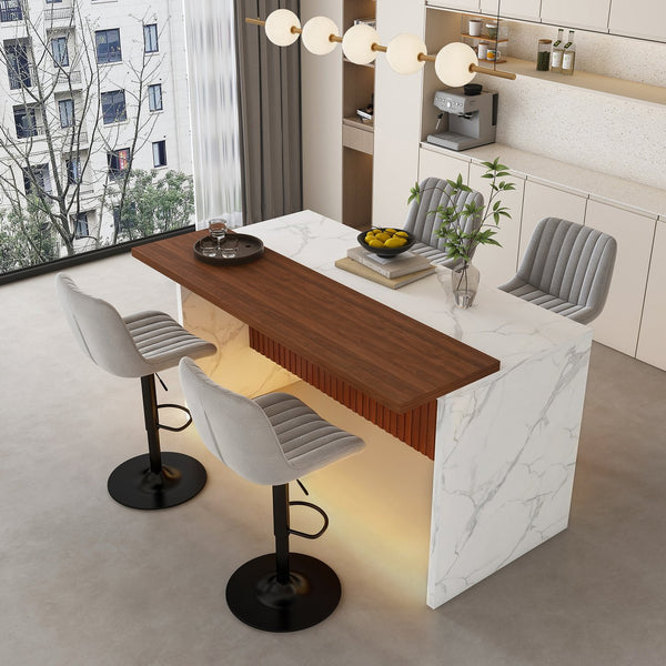 English Elm 63" Modern Kitchen Island Set With 4 Gray Bar Stools - Stylish Marble Finish, Led Light & Versatile Design W2699S00072