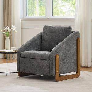 English Elm 057- Chenille Fabric Modern Armchair with Wooden Frame and Gold Trim, Ergonomic Cushioned Accent Seat for Living Room Bedroom (Gray) W527P239828
