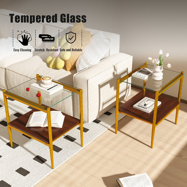 English Elm Coffee Table Set Of 3 With Tempered Glass & Mdf Storage Layer - Modern Living Room Tables! W241S00051
