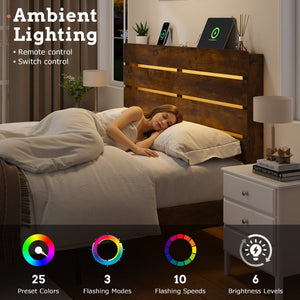 English Elm King Platform Bed with Led Headboard Charging Station and Under Storage Rustic Brown W1550P366934