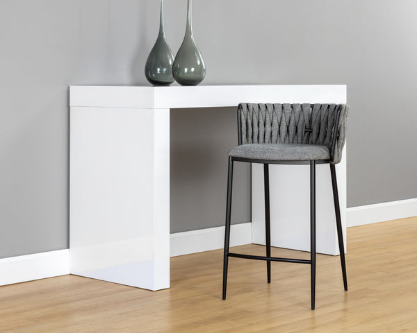 Sunpan Sarai Contemporary Barstool with Unique Weaved Backrest and Black Powder-Coated Steel Frame Belfast Koala Grey