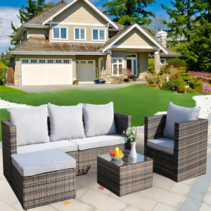 English Elm Outdoor Garden Patio Furniture Set - 4-Piece Pe Rattan Wicker Sofa, Cushions & Glass Table W209S00020-GIGA