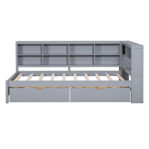 English Elm Wooden Twin Daybed with 2 Drawers, Built-In USB Charging & Double Shelf Storage, Pine Frame Durable Grey 42.91 L x 16.73 W x 6.69 H N733S170510E