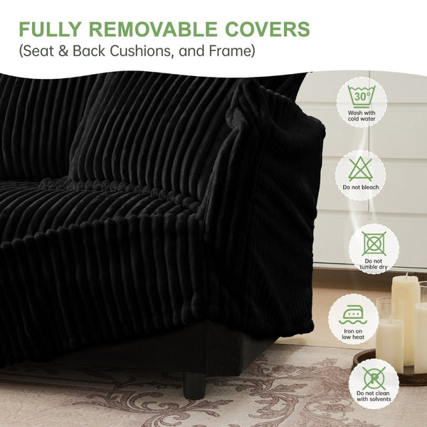 English Elm Slipcovered 3-Seater Sofa - Luxurious Black Corduroy Couch With Removable Covers & Plush Comfort W3041S00096-GIGA