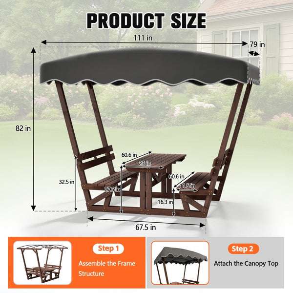 English Elm 5'x3' Wooden Gazebo Patio Shelter with Oxford Canopy Bench Seating and Slatted Table W1422S00075
