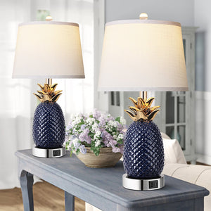 English Elm 22" Pineapple Table Lamps Set of 2 Navy Blue Ceramic 3-Level Touch Dimmable with USB-C+USB-A Ports and Bulbs Included W3355P369130