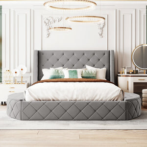 English Elm Upholstered Queen Platform Bed Velvet Wingback Frame with Storage Drawer and Side Stools Gray LP200815AAE