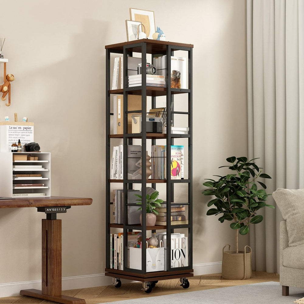 English Elm 5 Tier Rotating Corner Bookcase Rustic Brown Steel Wood Spinning Floor Shelf W2641P399191