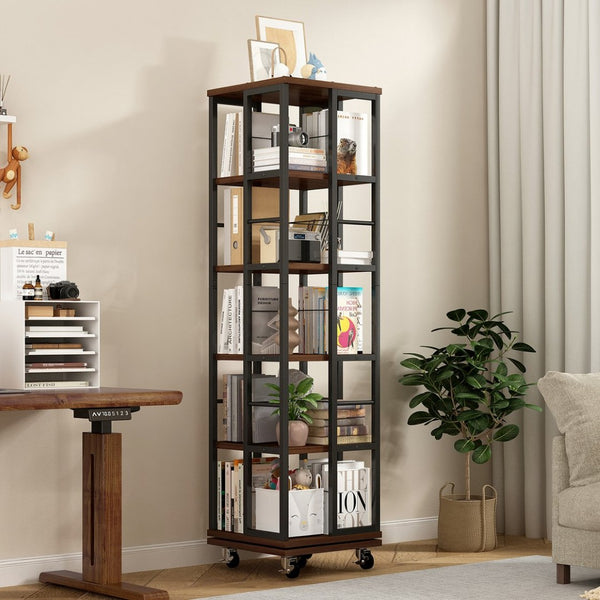 English Elm 5 Tier Rotating Corner Bookcase Rustic Brown Steel Wood Spinning Floor Shelf W2641P399191