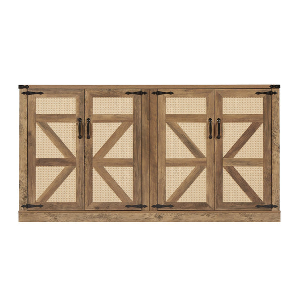 English Elm 65-Inch Slate Gray 3D Faux Rattan Sideboard with Barn-Style Doors, Magnetic Closure & Adjustable Shelves Oak W2702P184359