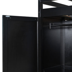 English Elm Full Size Wood Loft Bed with Wardrobe Desk Shelves Rgb Lighting and Blackout Curtains Black+Green LT000269AAF-1