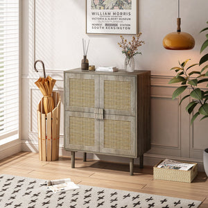 English Elm 4-Doors Rattan Mesh Storage Cabinet with Solid Wood Legs and Adjustable Shelves for Stylish Organization Grey W757P198557