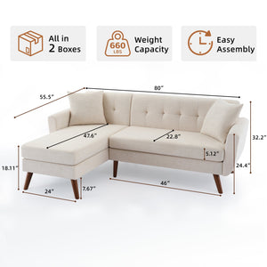 English Elm 80" Velvet L Shaped Couch Sofa - Mid-Century 3-Seat Sectional with Wide Chaise, Tufted, Durable Wood Frame T2694S00052