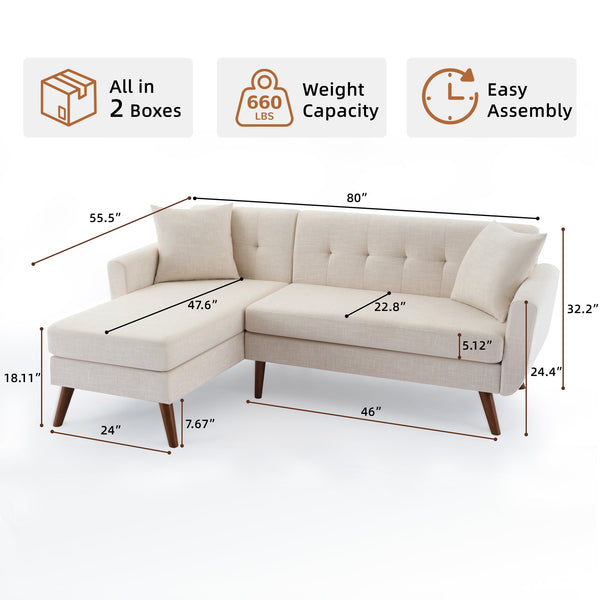 English Elm 80" Velvet L Shaped Couch Sofa - Mid-Century 3-Seat Sectional with Wide Chaise, Tufted, Durable Wood Frame T2694S00052