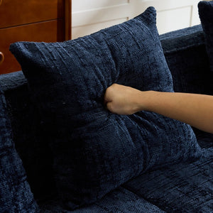 English Elm Beige Chenille L-shaped Sectional Sofa with Chaise Deep Seating and Curved Armrests Dark Blue W3612S00031