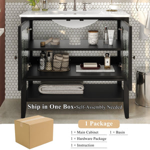 English Elm Christopher Knight Home® - 36" Bathroom Vanity with Ceramic Sink, Solid Wood Legs, Waterproof Finish, Soft-Close Hinges, Open Shelf, Silver Knobs Black N817P286249B