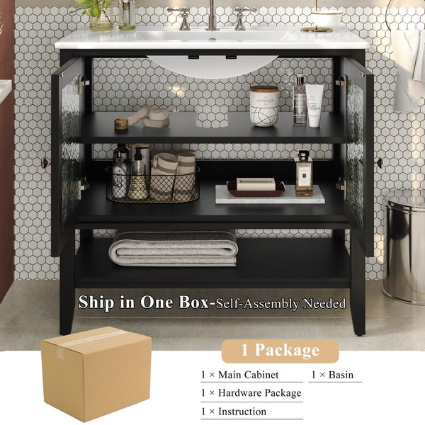 English Elm Christopher Knight Home® - 36" Bathroom Vanity with Ceramic Sink, Solid Wood Legs, Waterproof Finish, Soft-Close Hinges, Open Shelf, Silver Knobs Black N817P286249B
