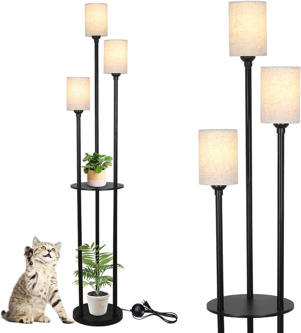 English Elm Floor Lamp With Shelves - 3-Light Industrial Design, Linen Shades & Foot Switch For Stylish Spaces W2738P185430