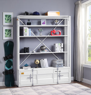 English Elm Cargo White Metal Bookcase w/Removable Ladder, 4 Open Compartments, 2 Doors, Cargo Container Style Lock B2726P285359
