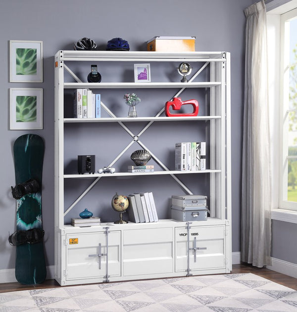 English Elm Cargo White Metal Bookcase w/Removable Ladder, 4 Open Compartments, 2 Doors, Cargo Container Style Lock B2726P285359